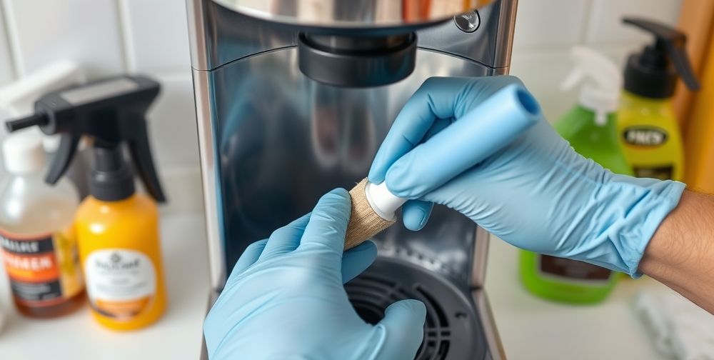 A close-up shot of a coffee maker’s internal compartment being cleaned with a specialty brush and descaling liquid, hands wearing gloves, focus on action, surrounded by organized cleaning supplies on a neat countertop.