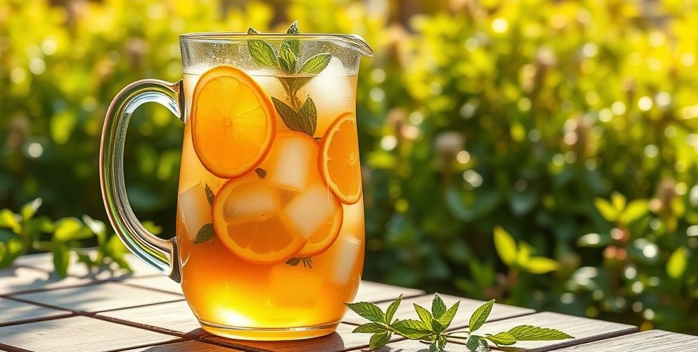 A stunning outdoor summer setting with a glass pitcher of golden iced tea packed with ice cubes, lemon and orange slices, fresh mint, and condensation. Sunlight sparkles over a wooden picnic table, surrounded by green foliage.