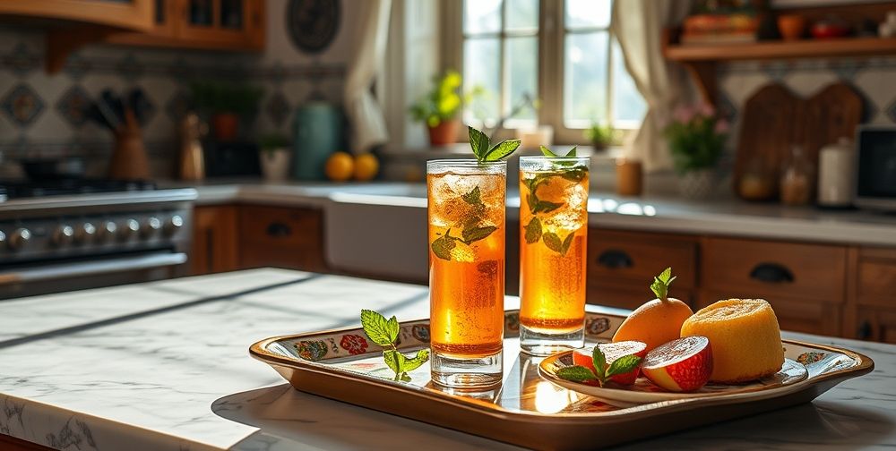 A cozy Persian kitchen interior with sunlight streaming over a marble countertop. Tall glasses of iced tea brimming with ice and fresh mint are arranged on a colorful tray, next to a plate of homemade lemon cake and fresh fruit.