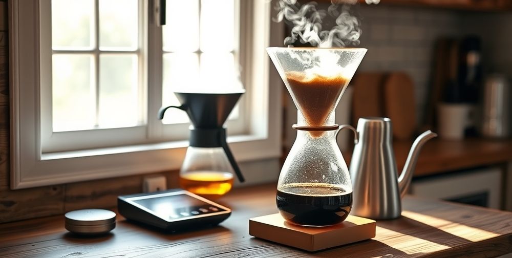 A beautifully set home coffee brewing scene with a Chemex, a digital scale, and a gooseneck kettle on a wooden countertop. There’s a blooming pour over in progress emitting aromatic steam. Bright natural light streams through a kitchen window, enlivening the mood for the brewing steps section.