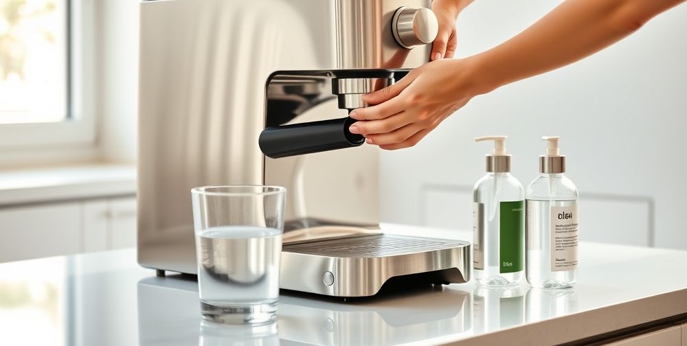 A shiny, modern coffee machine on a kitchen counter, with hands gently cleaning its detachable parts, water, and a bottle of coffee machine cleaner. Sunlight enters the room and reflects on the stainless steel surface, highlighting attention to care and cleanliness.