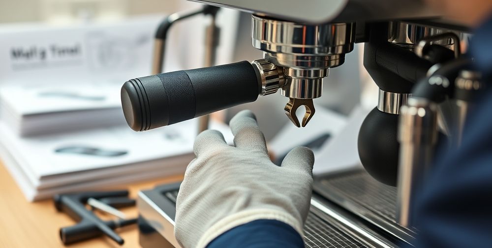 Close-up of a professional technician with gloves servicing a high-end espresso machine, using precision tools. The surrounding area is clean, with technical manuals and small parts neatly arranged. The environment feels expert and trustworthy.