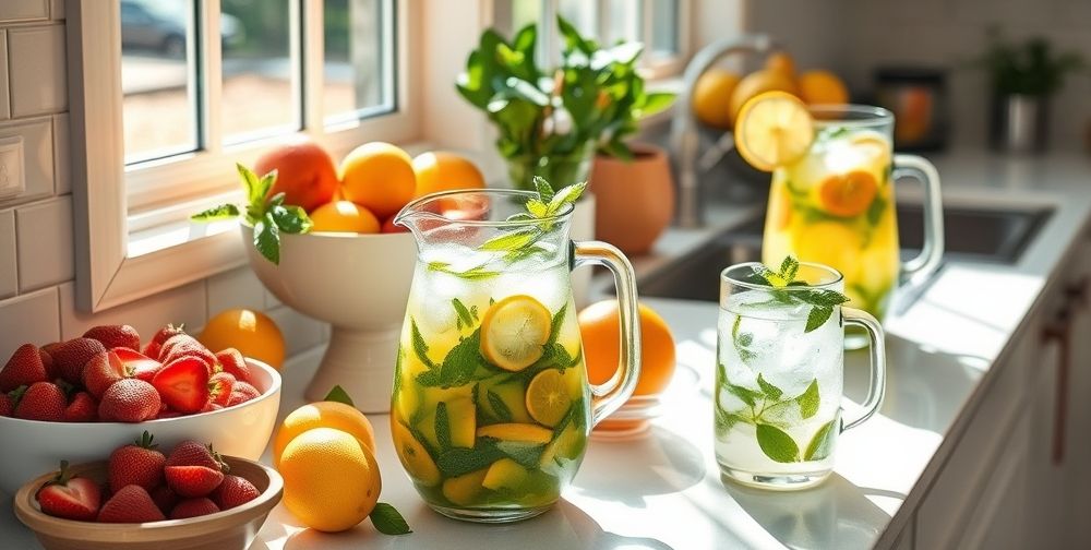 A bright home kitchen countertop filled with fresh fruit bowls—strawberries, oranges, lemons—and pitchers of vibrant cold drinks with ice and mint. Sunlight streams through the window, creating a cheerful, inviting atmosphere perfect for homemade beverages.