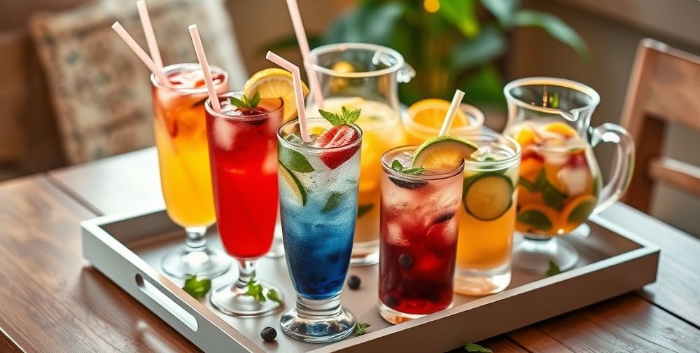 A stylish home serving tray featuring tall glasses of flavored iced drinks with colorful fresh fruit garnishes, reusable straws, glass pitchers, and scattered mint leaves on a wooden table, bathed in warm evening light.