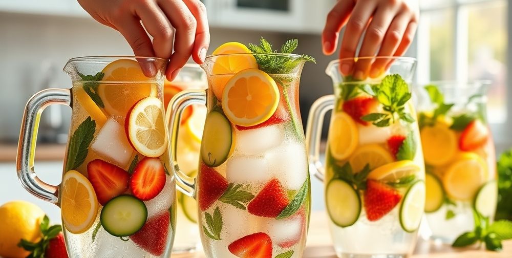 A sunlit kitchen scene with glass pitchers of colorful homemade drinks. Sliced fruits—lemons, cucumbers, strawberries—float on ice, surrounded by fresh mint and herbs. Hands squeezing citrus are visible, conveying a natural, healthy atmosphere.