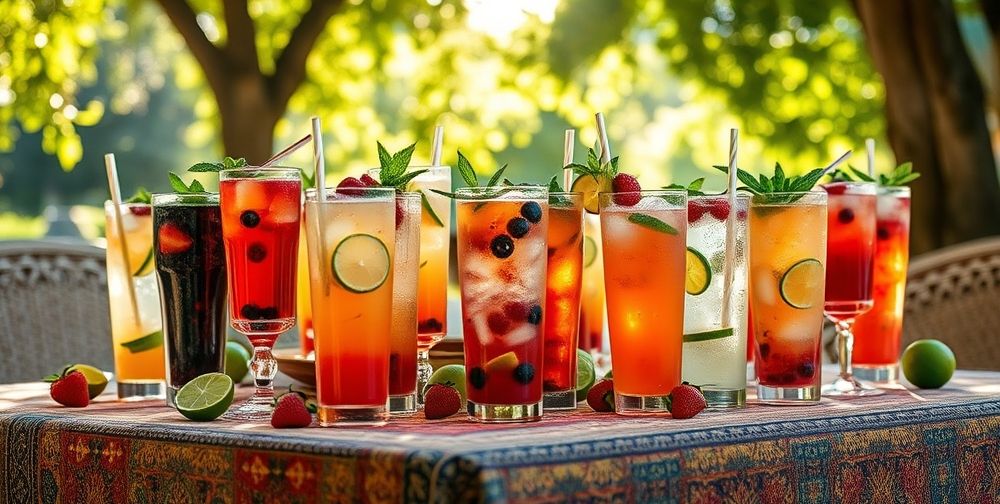 A Persian-style table set outdoors on a warm summer day. Tall glasses of refreshing drinks in a variety of fruit colors, topped with ice, sliced limes, berries, and mint. Sunlight filters through trees, giving a lively, appetizing feel.