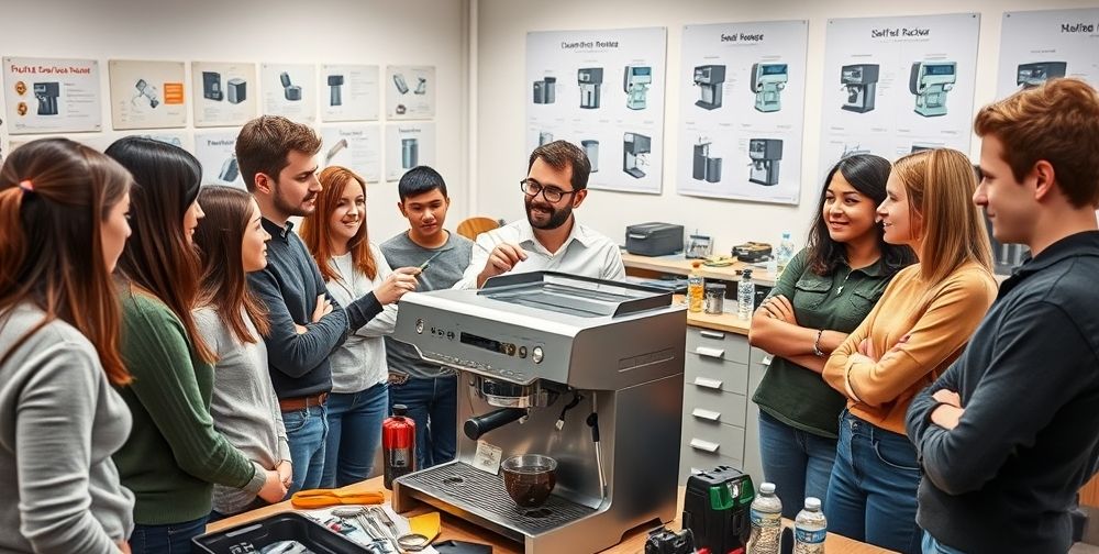 A professional training workshop with several young adults gathered around a partially disassembled coffee machine. The instructor, holding a screwdriver, demonstrates a technical point. The room is filled with toolboxes, spare electronic parts, and posters showing different coffee machines.
