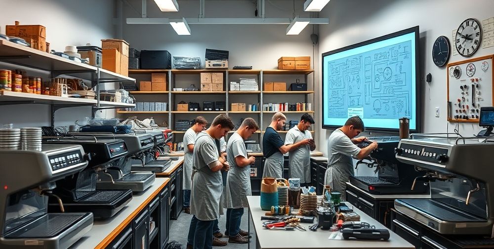 A well-lit workshop where students wearing aprons are repairing both modern and classic coffee machines. Shelves are lined with spare parts, and there is an interactive whiteboard displaying circuit diagrams and maintenance tips.