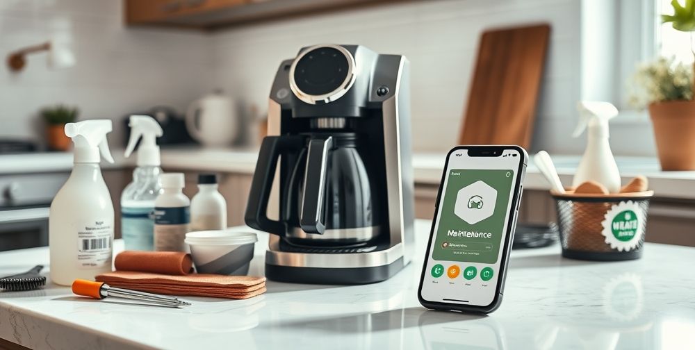 A highly detailed shot of a modern coffee maker on a kitchen counter, surrounded by maintenance tools, eco-friendly cleaning products, and a smartphone displaying a maintenance reminder app. The scene glows with natural daylight, emphasizing a clean and inviting atmosphere.
