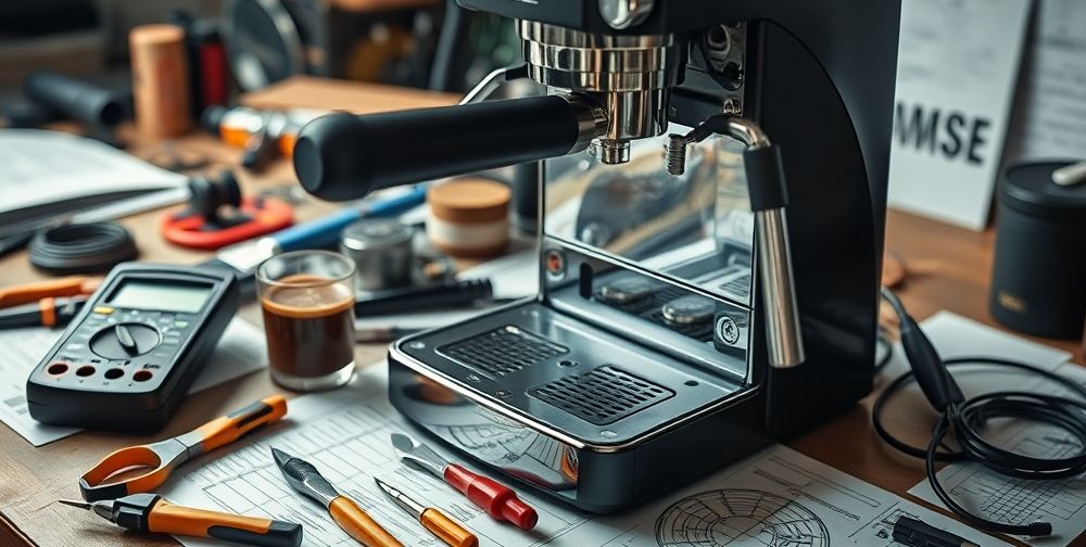 Close-up view of a partially disassembled espresso machine on a workbench. Several hand tools, digital multimeter, a glass of beans, and schematic instructions visible. Ambient soft workshop light captures a sense of technical expertise and hands-on repair in progress.