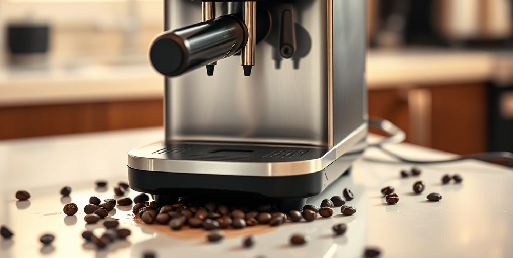 A modern home espresso machine with scattered coffee beans and visible water leaks around its base, showcasing subtle steam and an alerting red indicator light on its panel.
