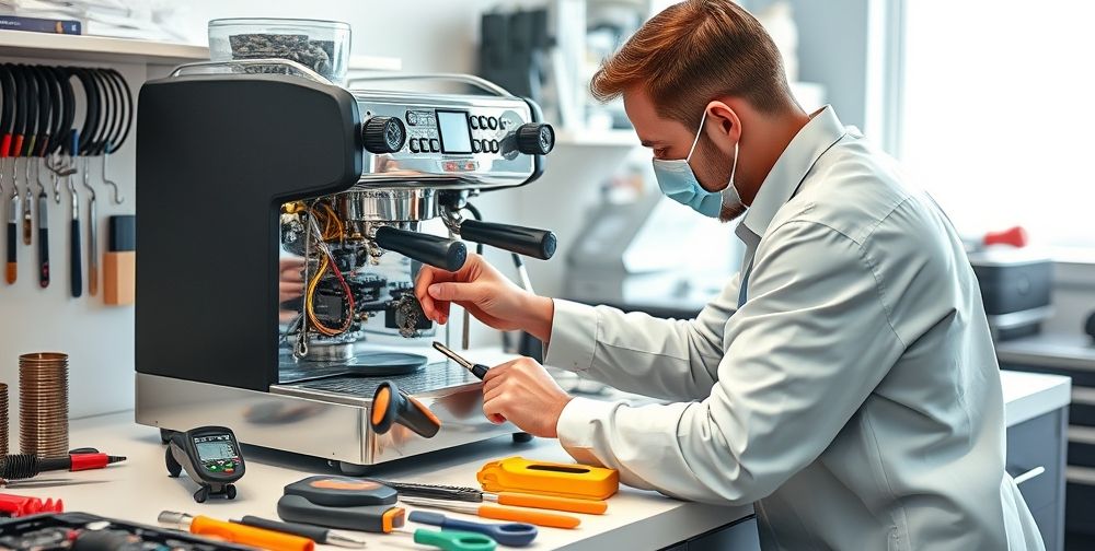A professional technician inspecting and repairing the internal circuits of a popular espresso coffee machine on a clean workbench with organized tools, digital meters, and spare parts neatly arranged.