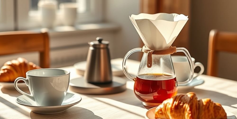 A cozy morning breakfast table with a Chemex coffee maker, clear golden-brown coffee, thick white filter, alongside artisan cups and croissants, sunlight softly illuminating the scene.