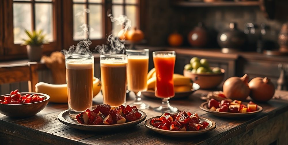 A cozy autumn Persian home kitchen with soft lighting, featuring a wooden table displaying warm and moderate cold drinks like cinnamon banana smoothies, fresh pomegranate juice, and platters of seasonal fruits. Glasses have steam and condensation showing the contrast between seasons.