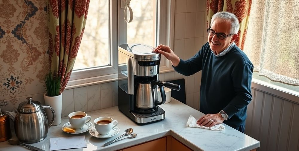 A cozy Persian kitchen corner featuring a clean coffee maker on a marble countertop, surrounded by freshly brewed coffee, traditional cups, and maintenance tools. A cheerful family member demonstrates a safe cleaning technique, while natural light streams through patterned curtains.