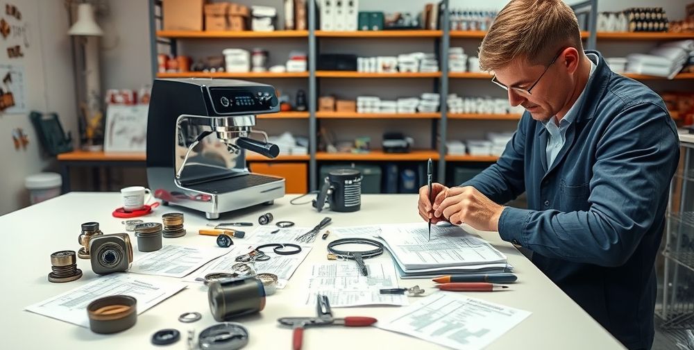 An organized scene where a technician is closely inspecting and cleaning espresso machine parts, using small tools and cloths, with clearly labeled components and troubleshooting notes on a table. Background features shelves with spare parts and manuals.