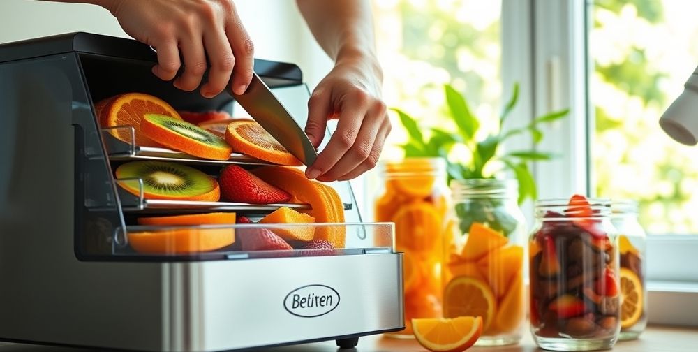 Close-up of hands slicing assorted fresh fruits (kiwi, strawberry, orange) and arranging them in a modern electric dehydrator beside bright glass jars, in a bright, contemporary home kitchen with greenery outside the window.