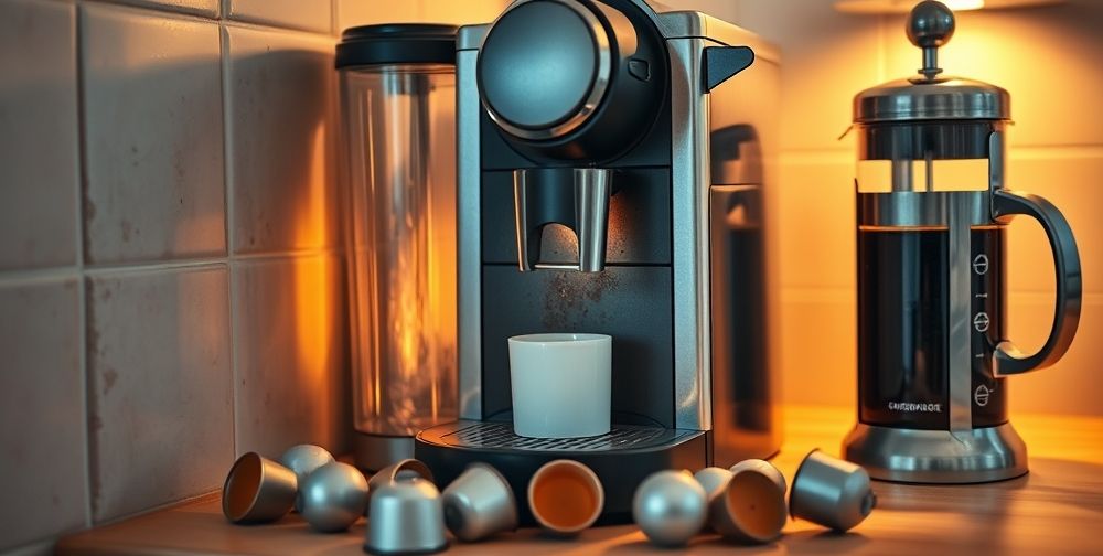 Close-up of a broken capsule coffee machine beside a French press in cozy home lighting, with visible calcification and used coffee pods, illustrating maintenance and repair challenges.