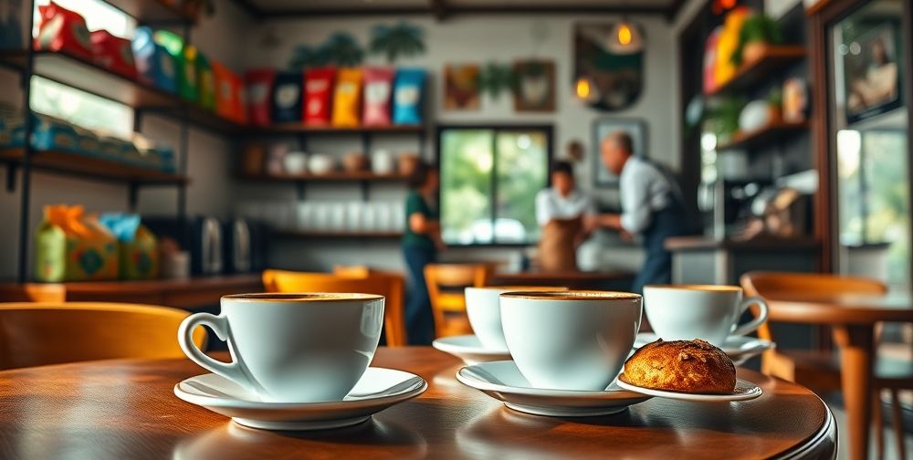 An inviting scene inside a cozy Brazilian coffee shop: espresso and brewed coffee served in elegant cups, with small pastry plates, bags of Arabica and Robusta beans, and friendly baristas explaining differences to curious customers.