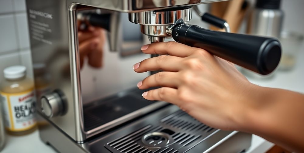 Close-up of hands performing monthly descaling on a stainless steel espresso machine, with labeled cleaning products, a measuring cup, and detailed instructions visible on a kitchen counter. Soft, focused lighting enhances technical detail.