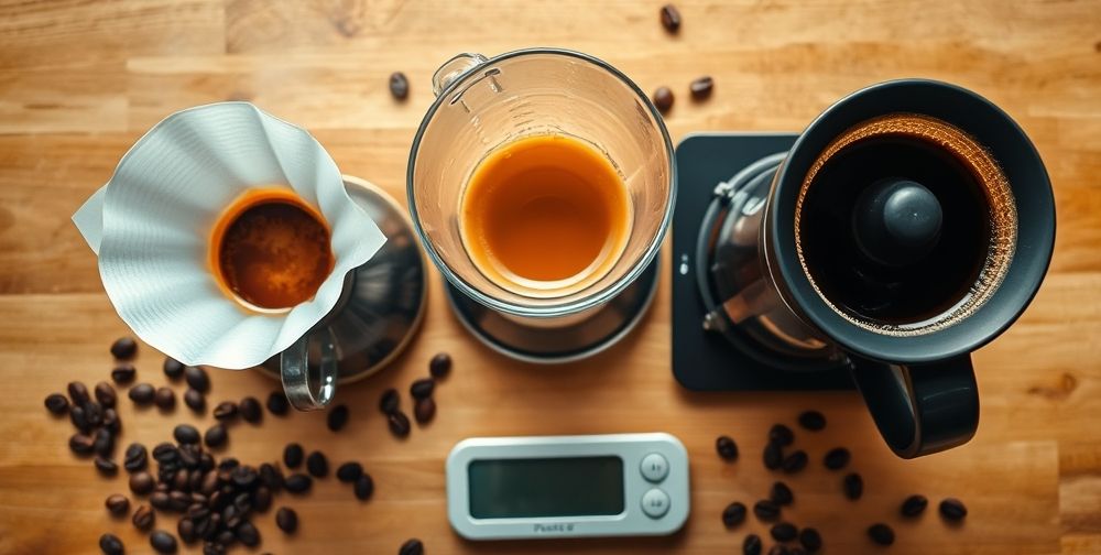 A top-down closeup of three brewing devices: V60, Chemex with golden coffee, and a classic French press. Each contains freshly brewed coffee, surrounded by scattered coffee beans and a digital scale.