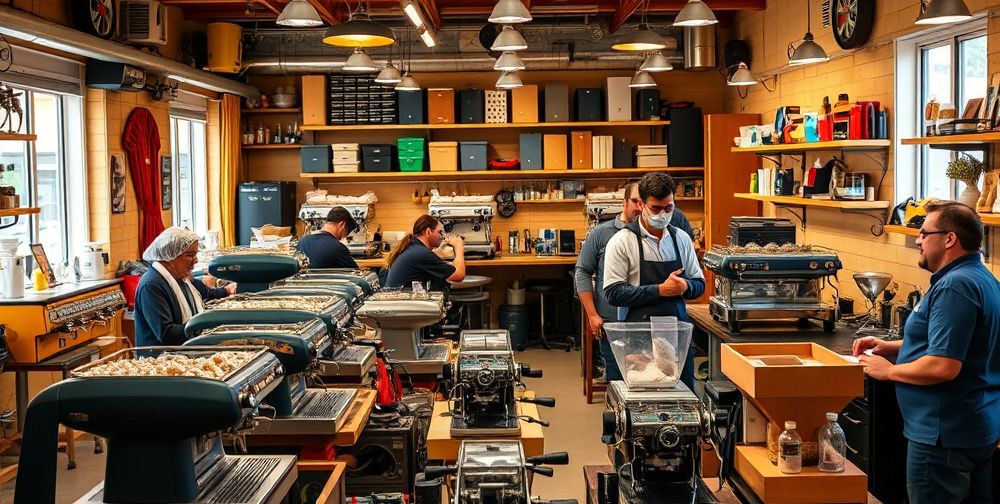A vibrant repair workshop with skilled technicians repairing various espresso machines. Detailed machinery, electronic parts, classic and modern coffee makers on workbenches, and friendly staff engaging with customers.