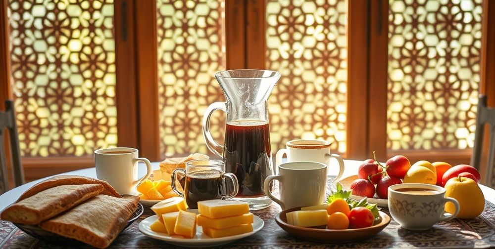 A beautifully arranged Iranian breakfast table with a Chemex full of rich filter coffee, steaming mugs, fresh bread, farm cheese, honey, and colorful fruits, sunlight streaming through a Persian window.