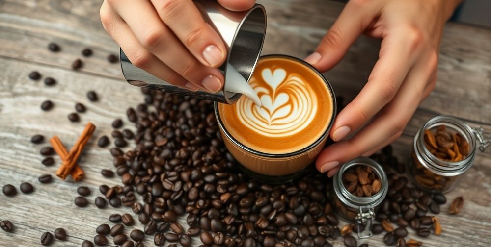 Close-up of two hands creating latte art on a smooth cappuccino using a stainless steel milk pitcher. Fresh coffee beans are scattered and small glass jars with cinnamon, vanilla pods, and cardamom surround the scene.