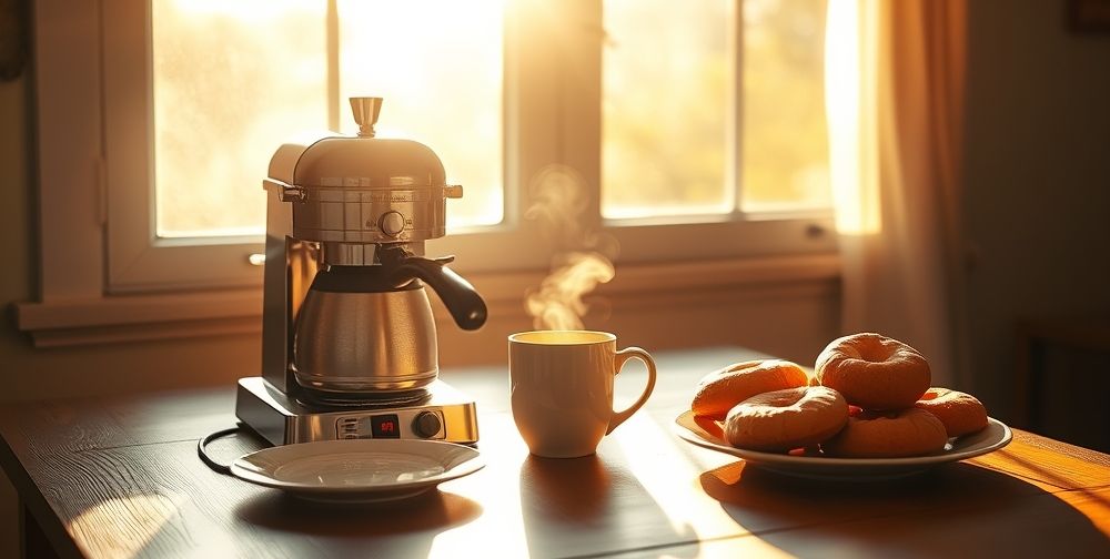 An inviting breakfast table set near a sunlit window, featuring an old but freshly upgraded coffee machine, a steaming mug, and homemade pastries, capturing a cozy morning vibe.