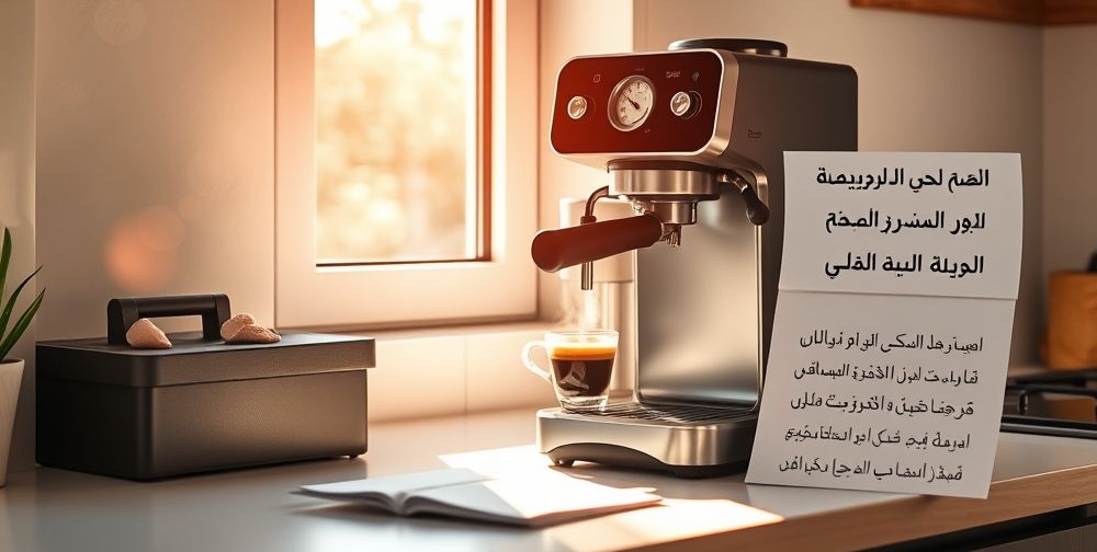 A bright well-lit kitchen countertop with a freshly repaired coffee machine next to a small toolbox, a cup of steaming espresso, and a maintenance checklist in Persian. Sunlight streams in from a window, highlighting the clean, functional appliance.