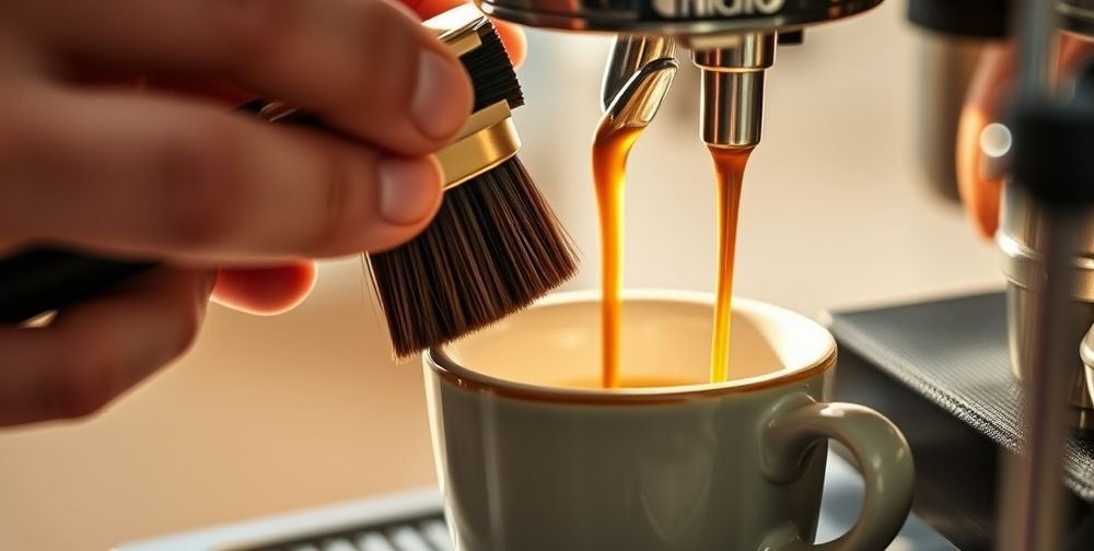 A close-up of a person gently cleaning a portafilter and group head with a small brush, while a rich, golden espresso shot pours into a ceramic cup. Warm natural morning lighting illuminates the process.