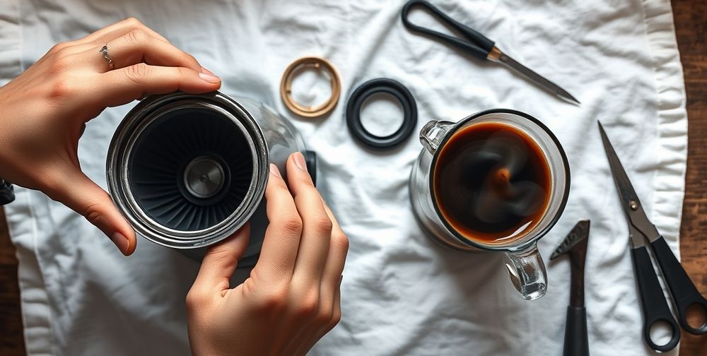 A close-up shot illustrates a person’s hands carefully disassembling a classic drip coffee maker, with the internal filter, worn rubber seals, and water tank laid out on a clean, white kitchen towel. Tools and a cup of freshly brewed coffee provide context, reinforcing the maintenance task.