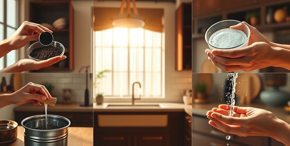 A step-by-step visual of hands following coffee chamber cleaning, showing coffee grounds removal, eco-friendly tablet dissolving, gentle brushing, and rinsing, all in a modern Persian kitchen environment with natural light.