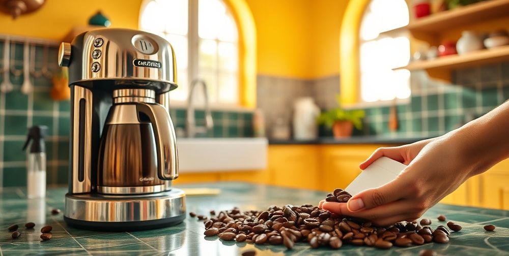 A vibrant, well-lit Persian kitchen scene with a sparkling modern coffee maker, user-friendly labeled cleaning tools, and fresh coffee beans in the foreground; a friendly hand placing a cleaning tablet near the chamber, suggesting ease of maintenance.