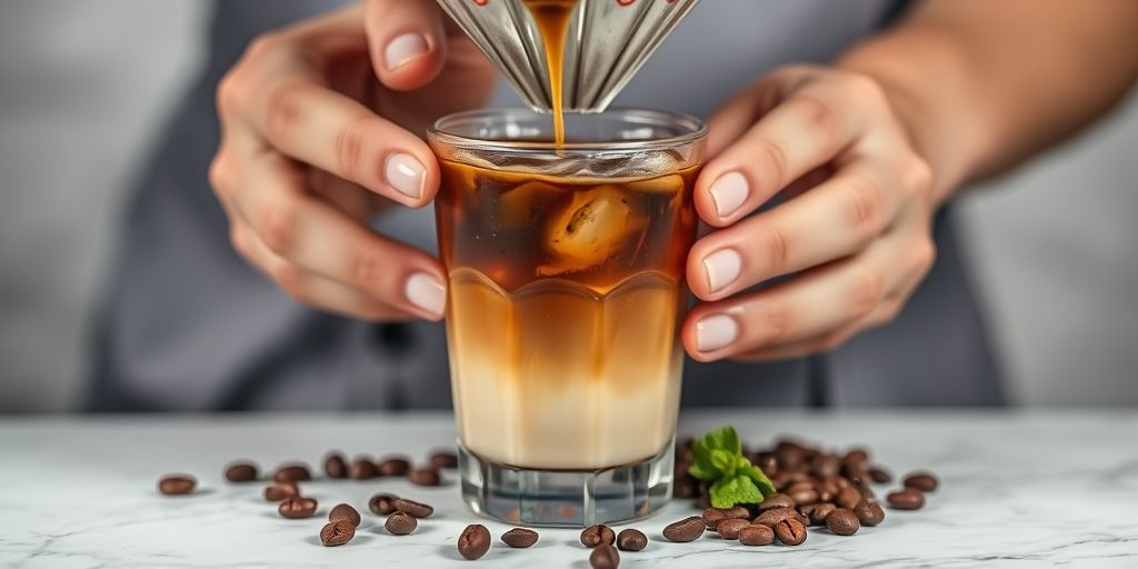Close-up of hands crafting a layered iced coffee drink in a clear glass, showing perfect gradient of colors, coffee dripping from a Hario V60 dripper, with coffee beans and mint leaves scattered artistically around.
