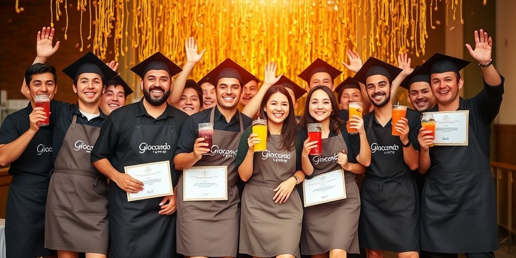 A joyful group of graduates in Giocondo Coffee aprons holding their certificates and colorful cold drinks, celebrating with coffee beans raining down in golden light, conveying achievement and community.