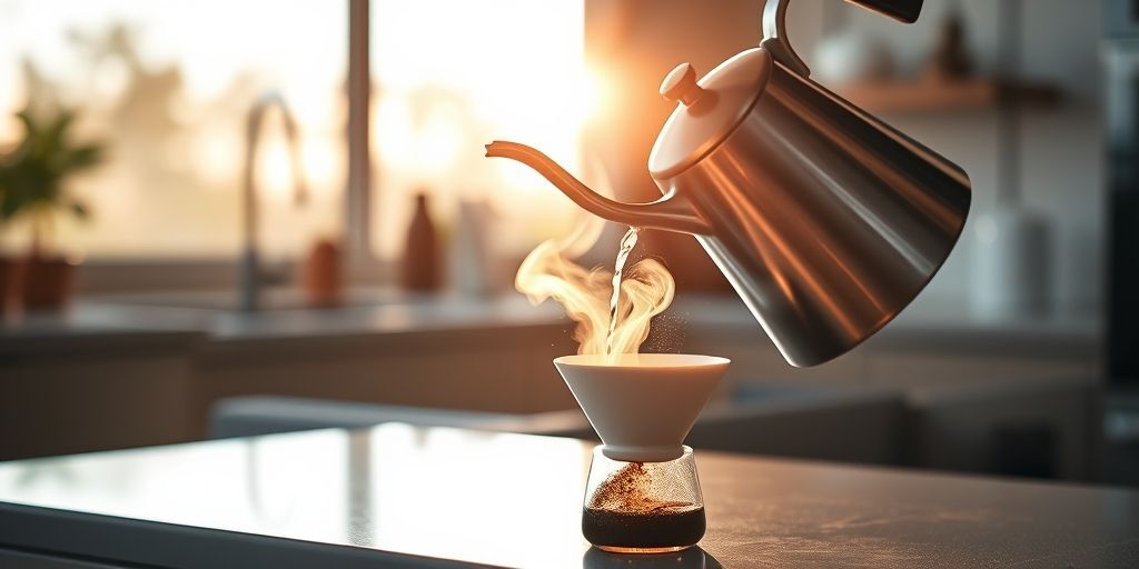 A close-up of a professional gooseneck kettle pouring water precisely onto coffee grounds in a ceramic V60 dripper, with steam rising dramatically, creating an artistic and inviting coffee brewing moment in a well-lit modern kitchen setting.