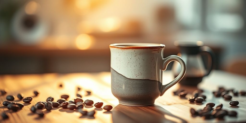 A serene close-up of a perfect cup of pour-over coffee in a handmade ceramic mug, sitting on a wooden table with coffee beans and a V60 dripper in soft bokeh background, morning light filtering through creating warm reflections.