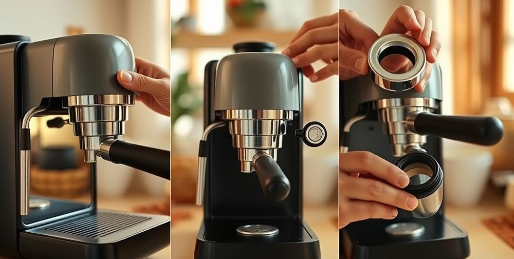 Mid-section: A series of hands-on shots showing the detailed cleaning and maintenance process of an espresso machine—removing portafilter, descaling, and checking gasket, in a Persian home setting, with vibrant natural light and clear step-by-step visuals.