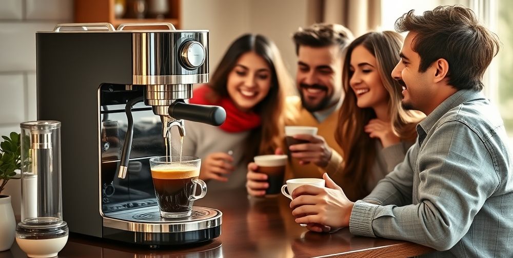 Near-end: A lifestyle image of a happy Persian family enjoying fresh espresso at home beside a sparkling clean espresso machine, cups steaming with coffee aromas, morning light pouring in, symbolizing the joy of problem-free brewing.