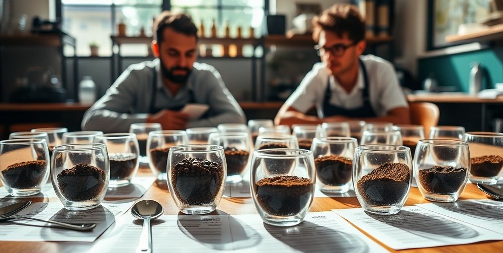 A beautifully arranged cupping table in a Brazilian cupping lab, with glass cups filled with freshly ground Rio Minas coffee, spoons, scoring sheets, and two coffee experts evaluating aroma and flavor in natural daylight.