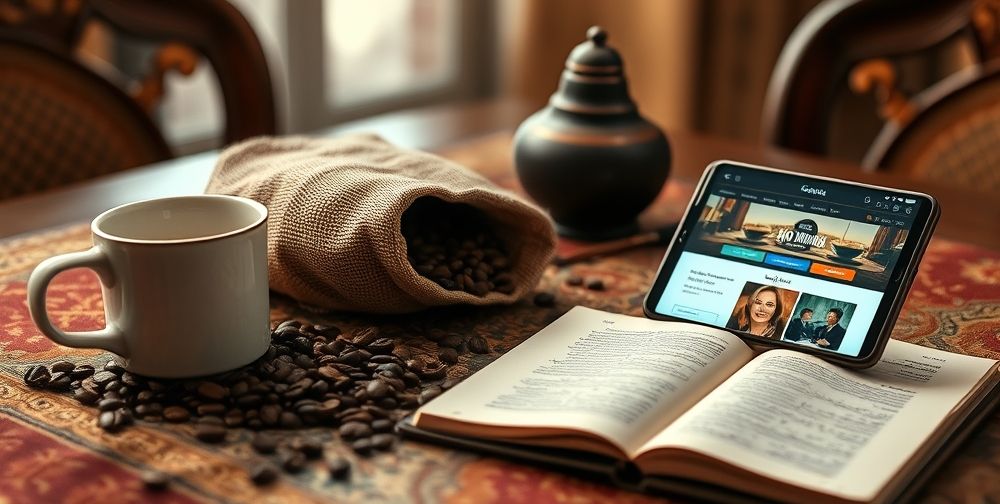A cozy, inviting Iranian-style kitchen table with an elegant coffee cup, a bag of Rio Minas beans, an open Persian notebook with tasting notes, and a smartphone displaying the Giocondo-Coffee website.