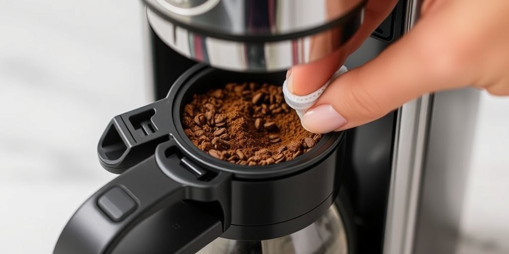 Close-up of hands cleaning a coffee maker: removing coffee grounds, wiping group head, and descaling with natural solution. Focus on maintenance steps.