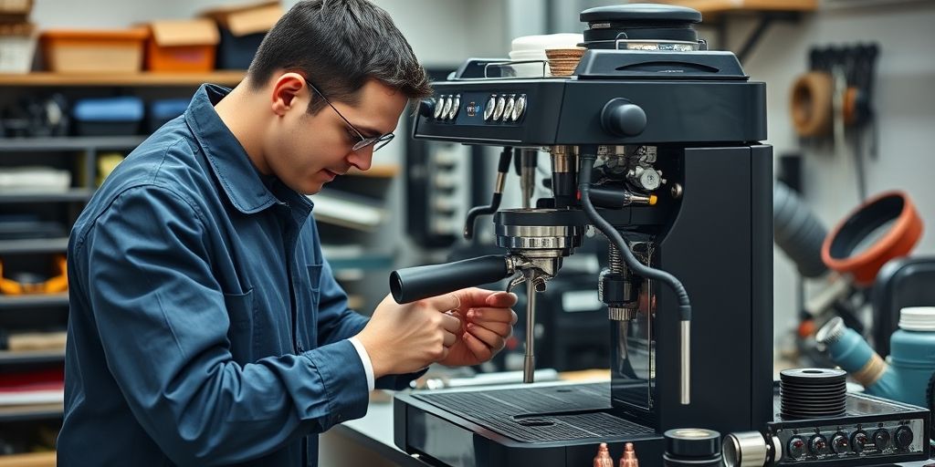 Professional technician repairing a disassembled coffee machine with specialized tools. Workshop setting with organized parts.