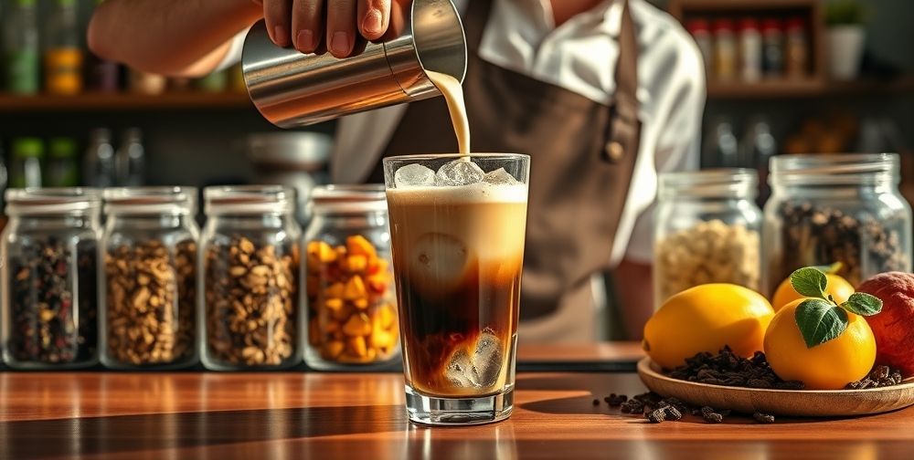 A close-up of a barista pouring local, creamy Iranian milk into a transparent glass filled with ice and espresso, beside jars of vibrant loose-leaf teas and fresh local fruit, on a polished wooden bar.