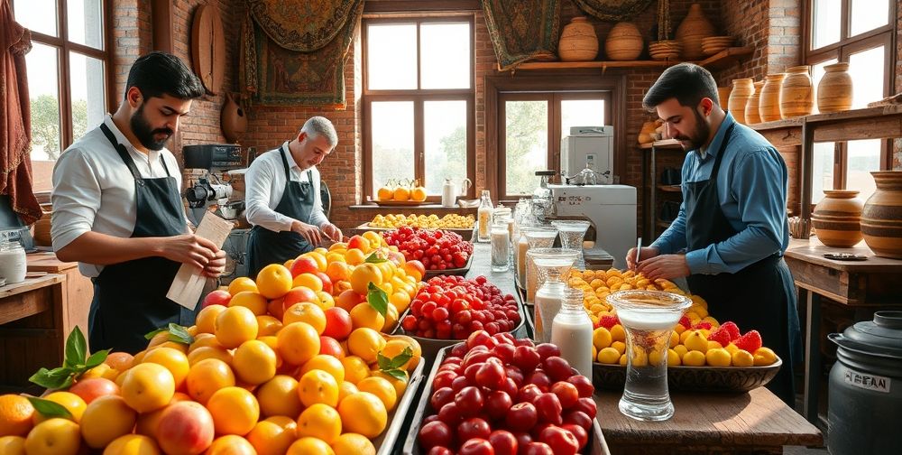 An inviting Iranian workshop scene with trusted suppliers and baristas evaluating the freshness of colorful local fruits, testing filtered water purity, and checking certification labels on packaged ingredients for cold beverages.