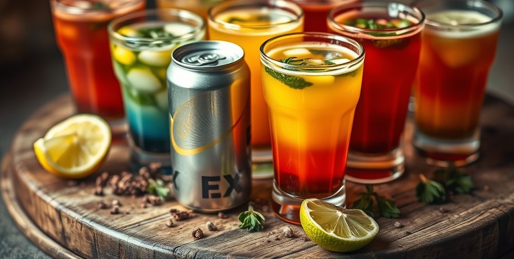 A macro shot of colorful, layered glasses of Persian homemade drinks (such as khakshir, sekanjabin, doogh) on a rustic wooden tray, with visible natural particles, herbs, and fresh lime wedges, contrasted with a can of generic soda.
