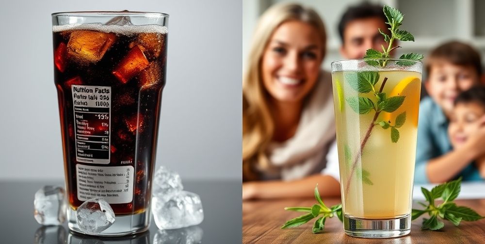 A dramatic side-by-side comparison: on the left, a glass of cola over ice with fizzing bubbles and a nutrition label showing high sugar, on the right, a glass of homemade doogh with fresh herbs and a smiling family in the background.