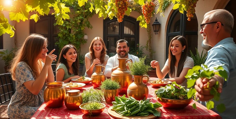 A cheerful Persian family in their courtyard, preparing and serving traditional homemade drinks such as sekanjabin and doogh, with fresh herbs, copper jugs, and a table set for a summer gathering, sunlight filtering through grape leaves.