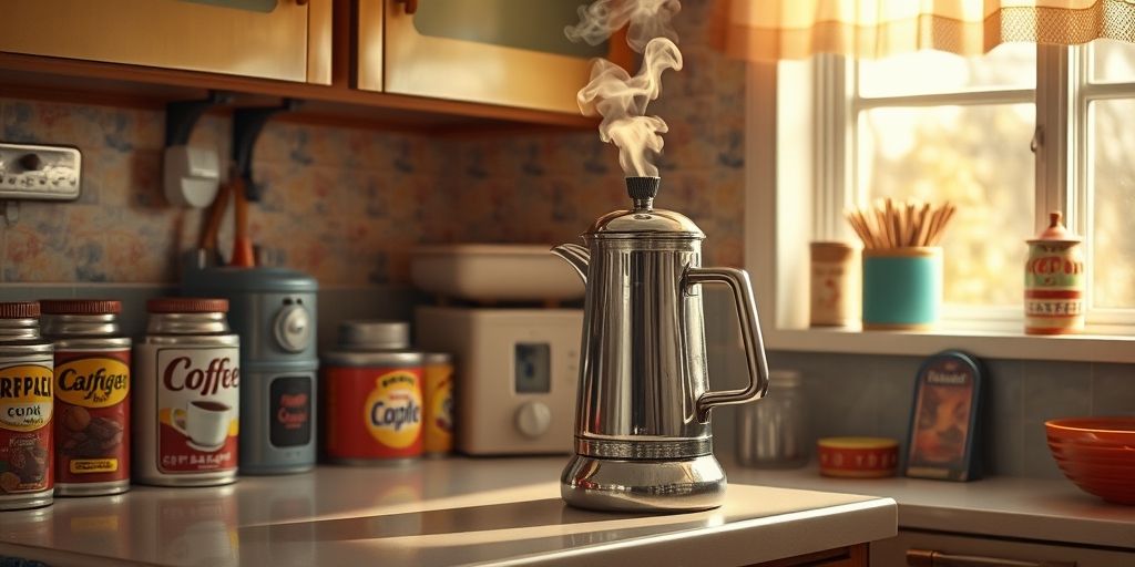 A vintage 1970s kitchen with a gleaming percolator coffee maker on a formica countertop, steam rising from its top, alongside classic coffee cans and retro decor.